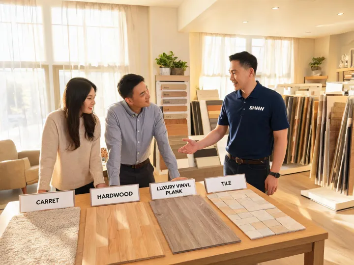 Shaw flooring advisor helping a family compare samples